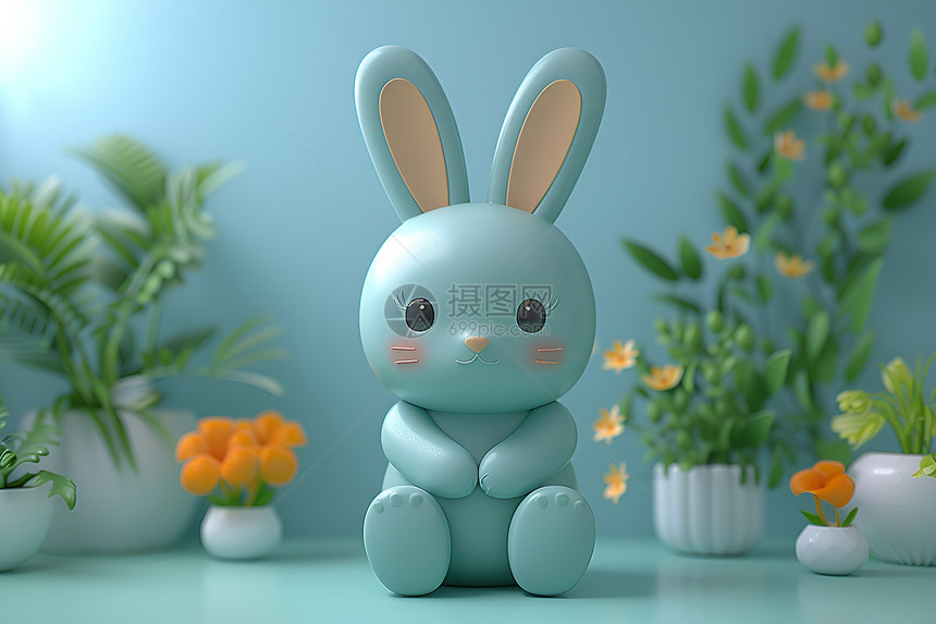 棉花糖造型的绿兔子在蓝色背景前坐在花盆植物旁图片