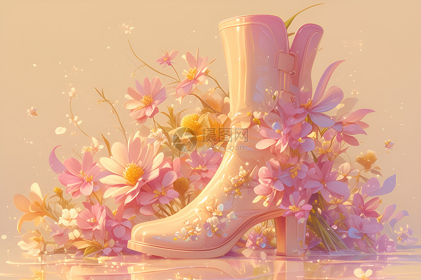 粉色花靴绘画绽放鲜花梦境图片