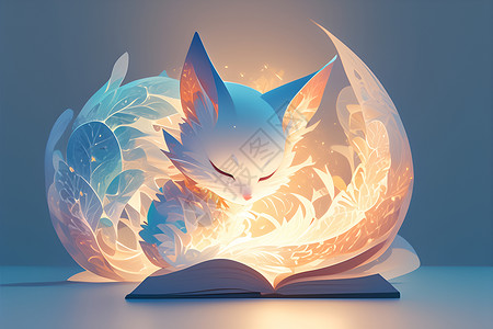 梦幻彩色光线阅读中的猫插画