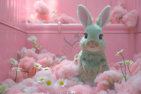 粉色毛绒数字粉色世界中的毛绒兔子插画