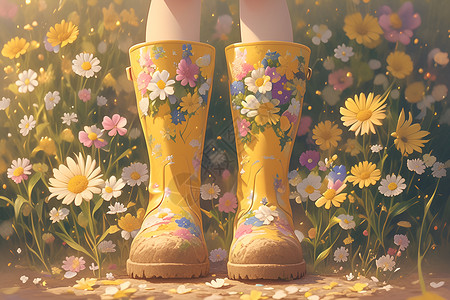 清新花海里的黄色雨靴背景图片