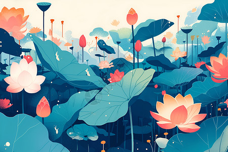 池塘中茂盛的莲叶插画