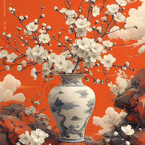 白瓷花瓶朱梅白瓷插画