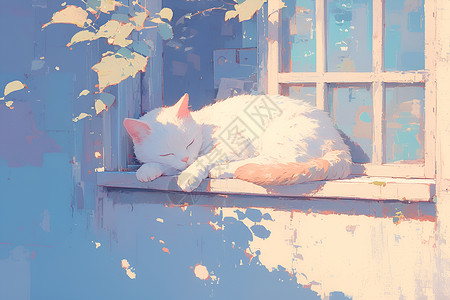 短筒窗台上沉睡着的短毛猫插画