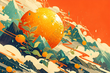 橘子色彩夕阳映照下的橙山插画