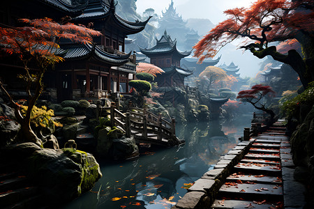 古色古香的中国园林背景图片
