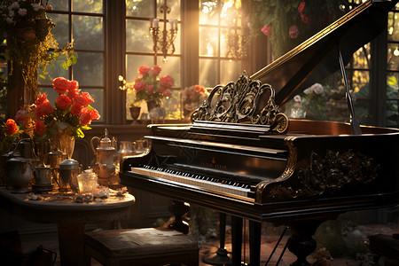书房里的钢琴背景图片
