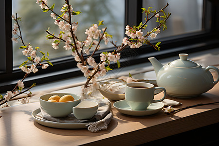 茶与鲜花素材静谧的花与茶背景