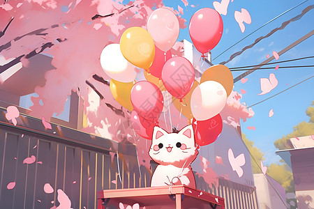 樱花花瓣与猫幸运猫与红气球插画