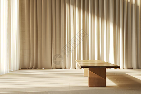 木桌子和丝绸窗帘前的木桌子背景