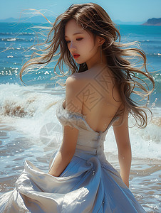 优雅白裙仙女海滩上的白裙长发美女背景
