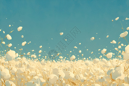 蓝天白云下飘动的棉花田背景图片