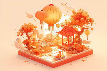 创意飘浮水上飘浮的中国灯笼插画