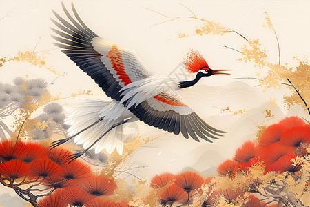秀长腿飞翔的白头鹤插画