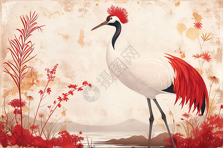 腿形红冠鹤翩然舞于花丛中插画