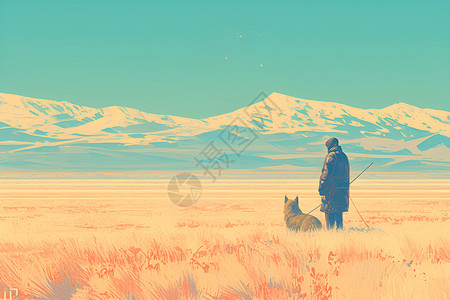 在田野中漫步的人与狗高清图片