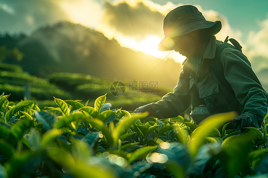 细心采摘茶叶的农民图片