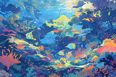 彩色鱼群色彩斑斓的海底乐园插画