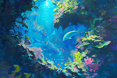 彩色鱼群梦幻的海底插画