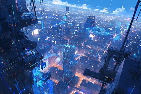 蓝色的城市夜幕下的都市插画