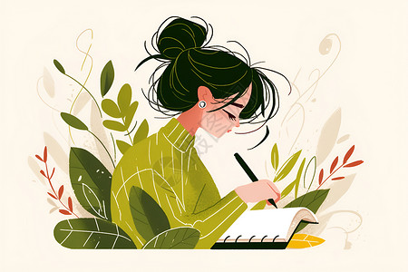 坐着写字的女人绿衣女子在笔记本上写字插画