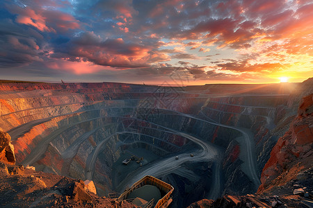 夕阳映衬下的矿场背景图片