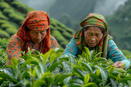 专注采摘茶叶的女子背景图片