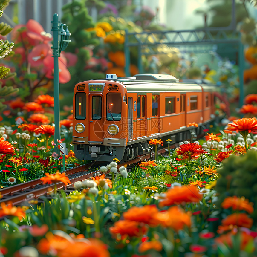 鲜花丛中的列车图片