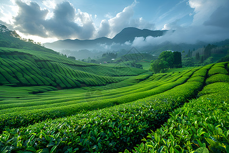 茶叶云雾缭绕翠绿的茶园背景