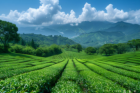 茶叶云雾缭绕蓝天下的茶园背景