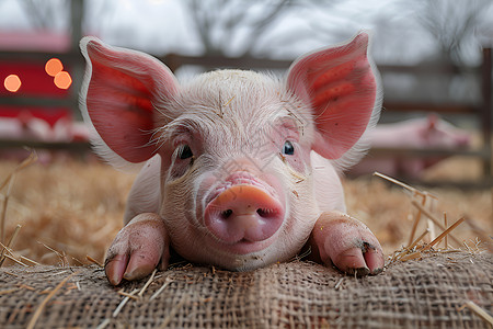 粉红耳朵猪躺在干草上背景