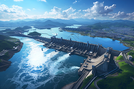 河流蓝天巨型水电站插画