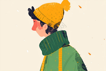 黄色大衣戴着黄色毛线帽的男孩插画
