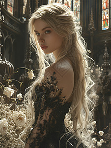 玫瑰黑色背景黑色礼服中的公主背景