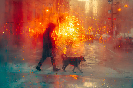 光学色彩雨中行走的人遛狗插画