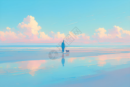 沙滩上一个人牵着狗高清图片