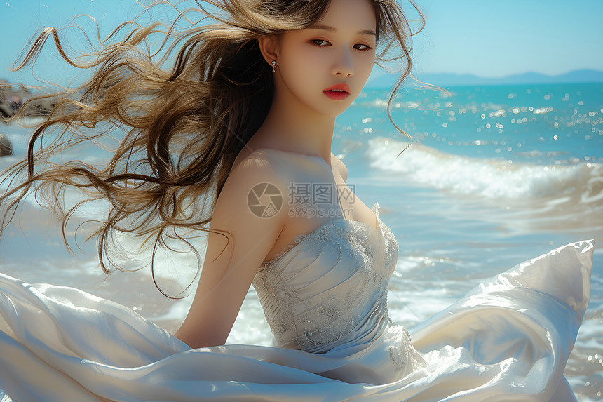沙滩上风中的女子图片