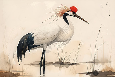 红头鹭鸶优雅的丹顶鹤插画