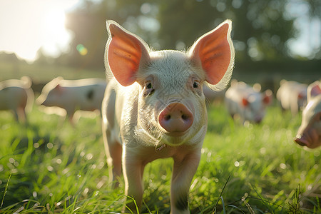 猪肉粒草地上的猪背景