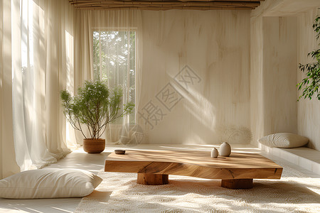舒适沙发下的木制咖啡桌背景图片