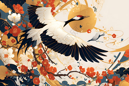 白羽金箔线条勾勒的红冠鹤背景图片