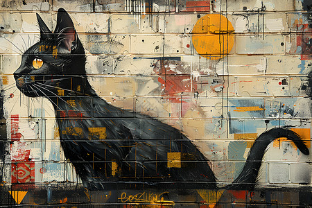 黑色猫咪在砖墙上的绘画高清图片