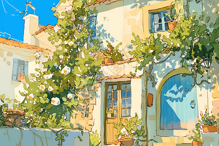 摩洛哥蓝色小镇梦幻中的蓝色之家插画