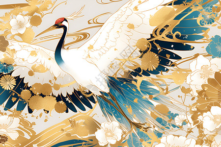 红头鹭鸶白底金箔花鸟图插画
