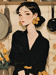 港风服装优雅的黑衣女孩插画