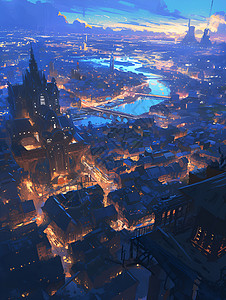 灯火下的城市夜幕下的城市插画