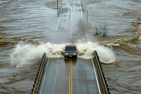 行驶在淹没的道路上的汽车背景图片