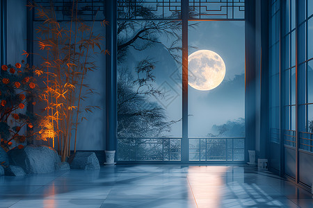 夜晚窗户月光下的大厅设计图片
