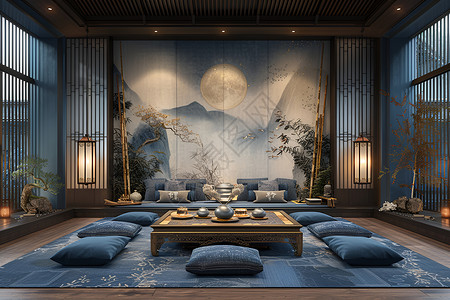 茶室内的蓝色坐垫背景图片