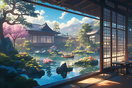日式住宅园林里的湖泊插画